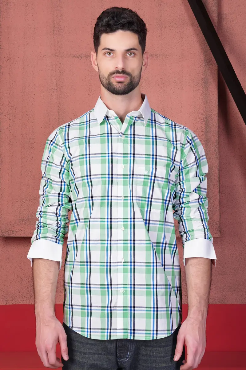 Asparagus Green And White Plaid With Funky Print Subtle Sheen Super Soft Premium Cotton Designer Shirt 6