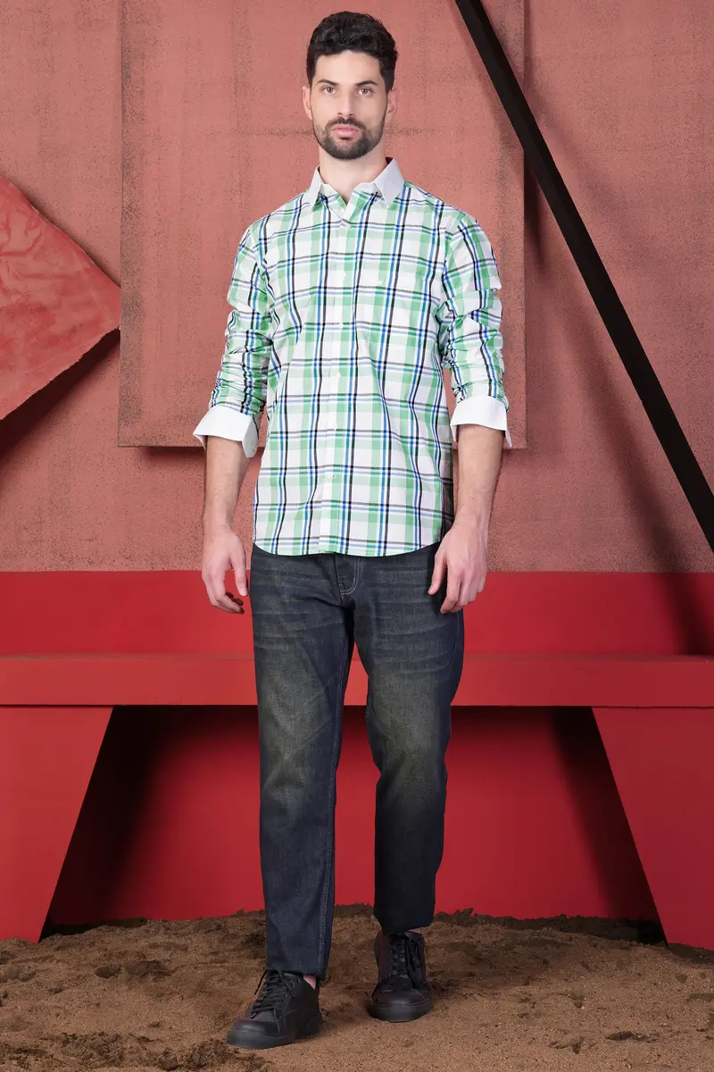 Asparagus Green And White Plaid With Funky Print Subtle Sheen Super Soft Premium Cotton Designer Shirt 8