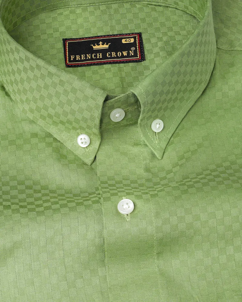 Asparagus Green Checked Dobby Textured Premium Giza Cotton Shirt 1