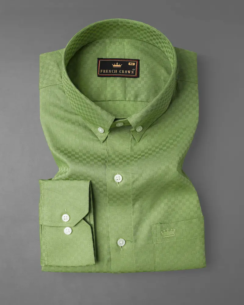 Asparagus Green Checked Dobby Textured Premium Giza Cotton Shirt 3