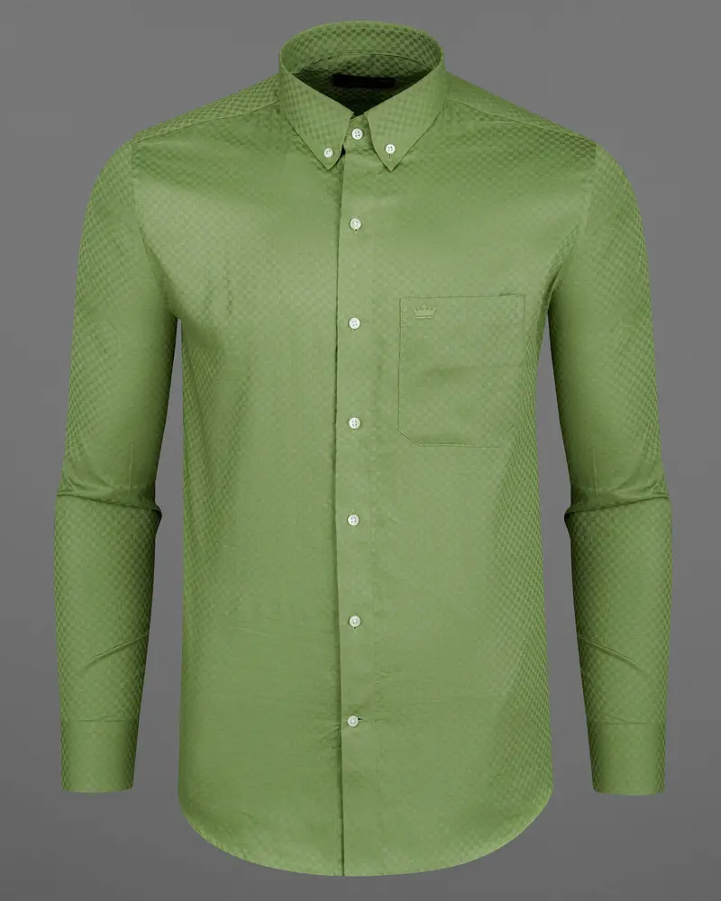 Asparagus Green Checked Dobby Textured Premium Giza Cotton Shirt 5