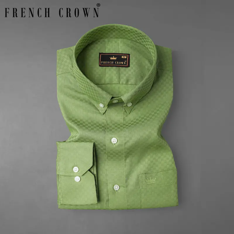Asparagus Green Checked Dobby Textured Premium Giza Cotton Shirt 7
