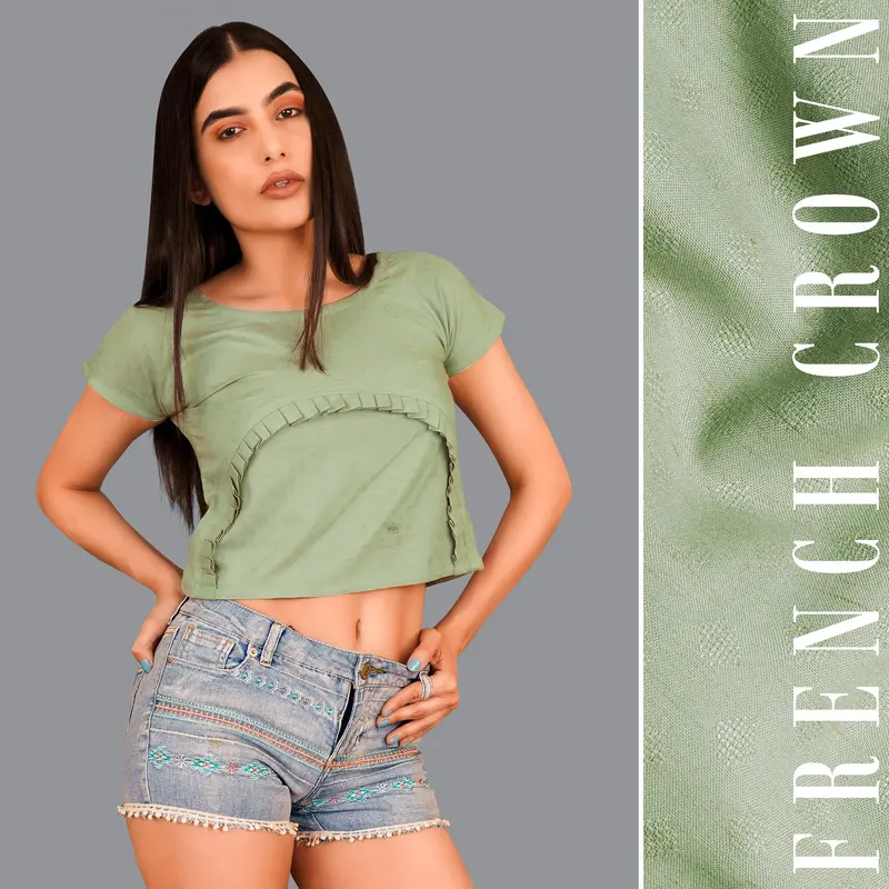 Asparagus Green Pleated Premium Cotton Crop Top 1