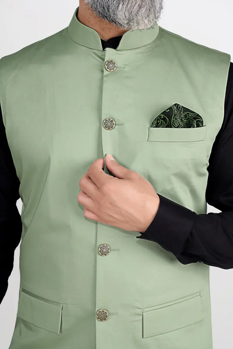 Asparagus Green Premium Cotton Nehru Jacket 4