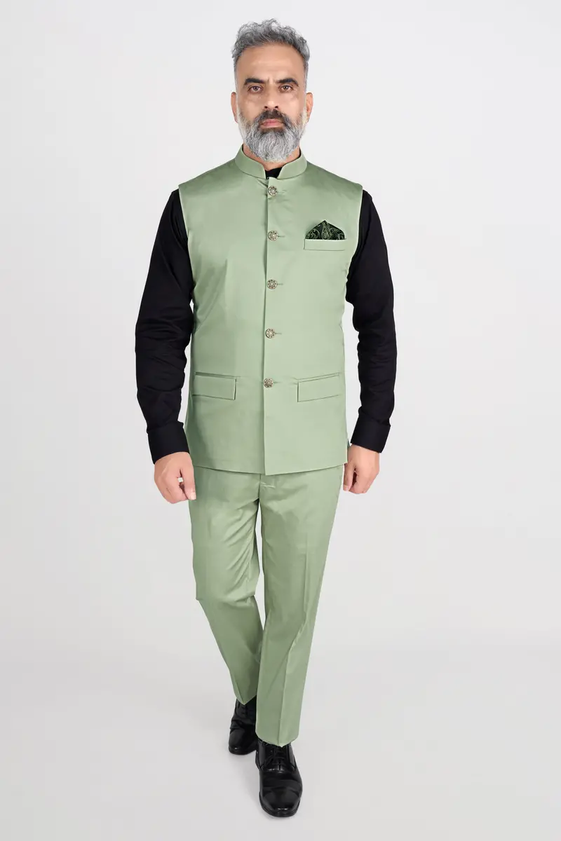 Asparagus Green Premium Cotton Nehru Jacket 6