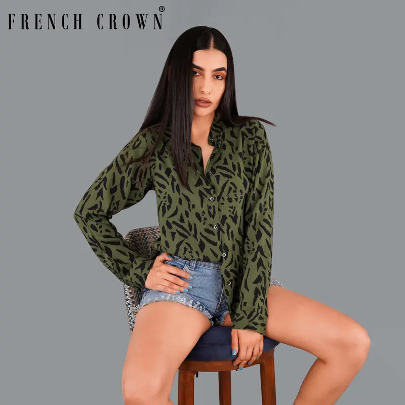 Asparagus Green Tiger Printed Premium Tencel Shirt 1