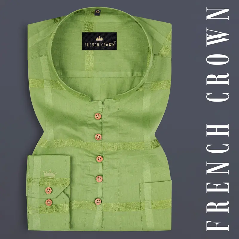 Asparagus Green Velvet Windowpane Dobby Textured Premium Giza Cotton Kurta Shirt 1