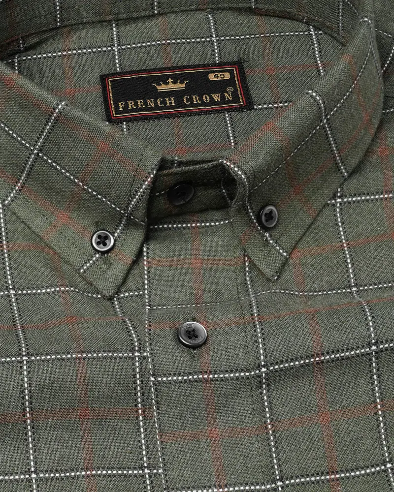 Asparagus Green Windowpane Dobby Textured Premium Giza Cotton Shirt 1