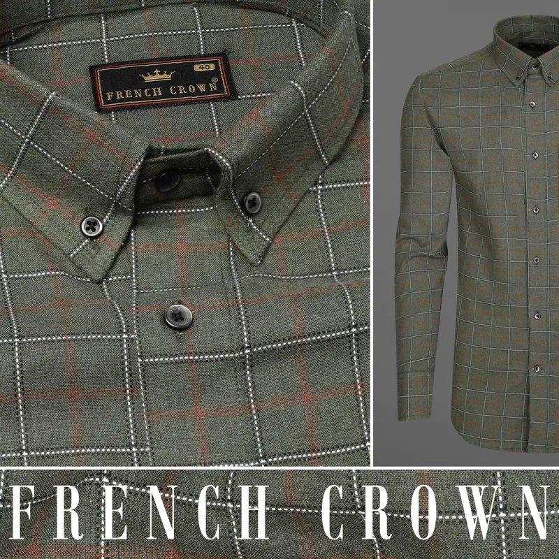 Asparagus Green Windowpane Dobby Textured Premium Giza Cotton Shirt 10