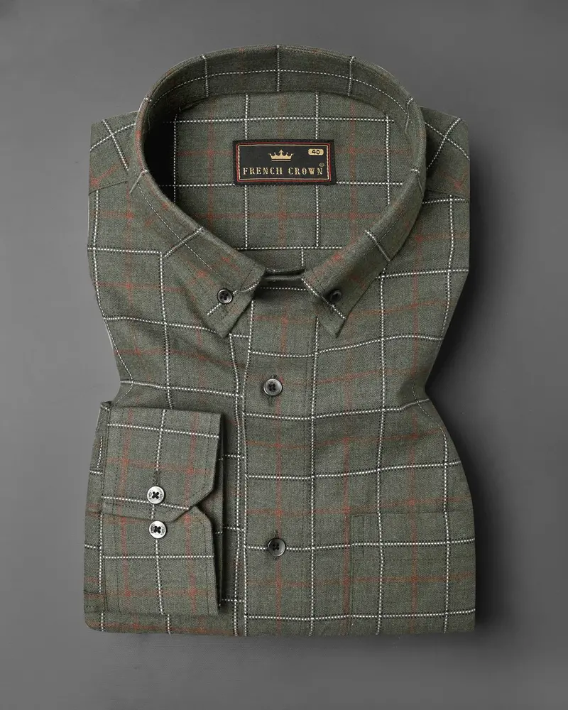 Asparagus Green Windowpane Dobby Textured Premium Giza Cotton Shirt 3
