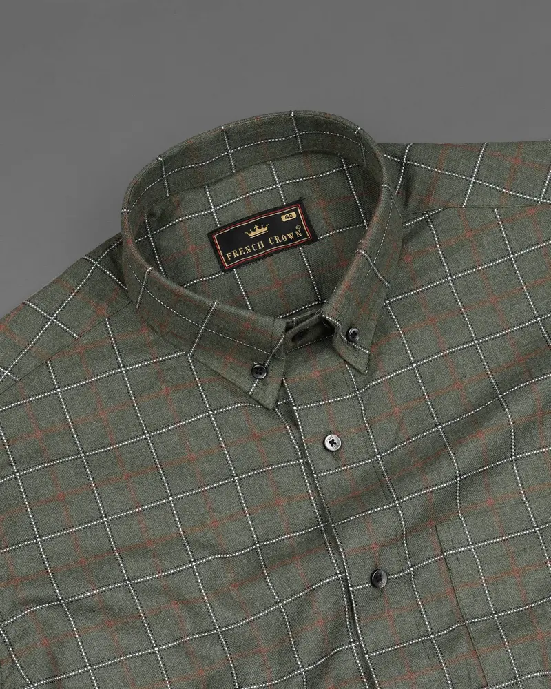 Asparagus Green Windowpane Dobby Textured Premium Giza Cotton Shirt 4