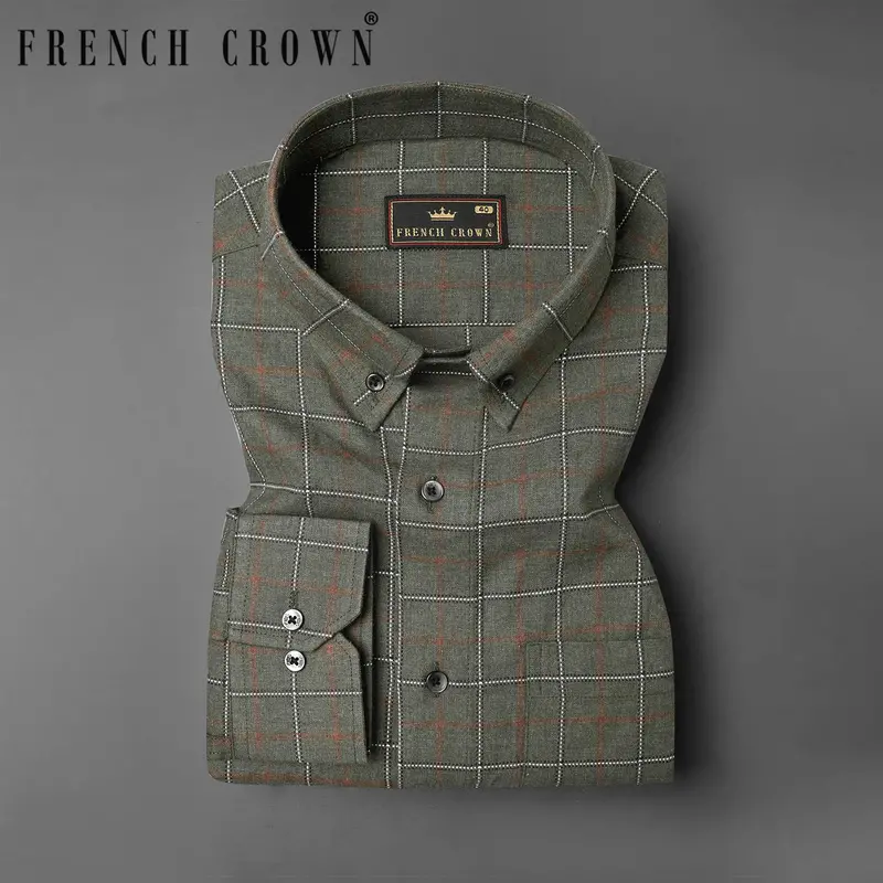 Asparagus Green Windowpane Dobby Textured Premium Giza Cotton Shirt 7
