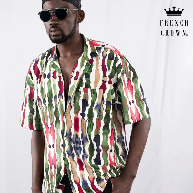 Asparagus Green With Bright White Funky Printed Lightweight Premium Cotton Oversized Shirt 1