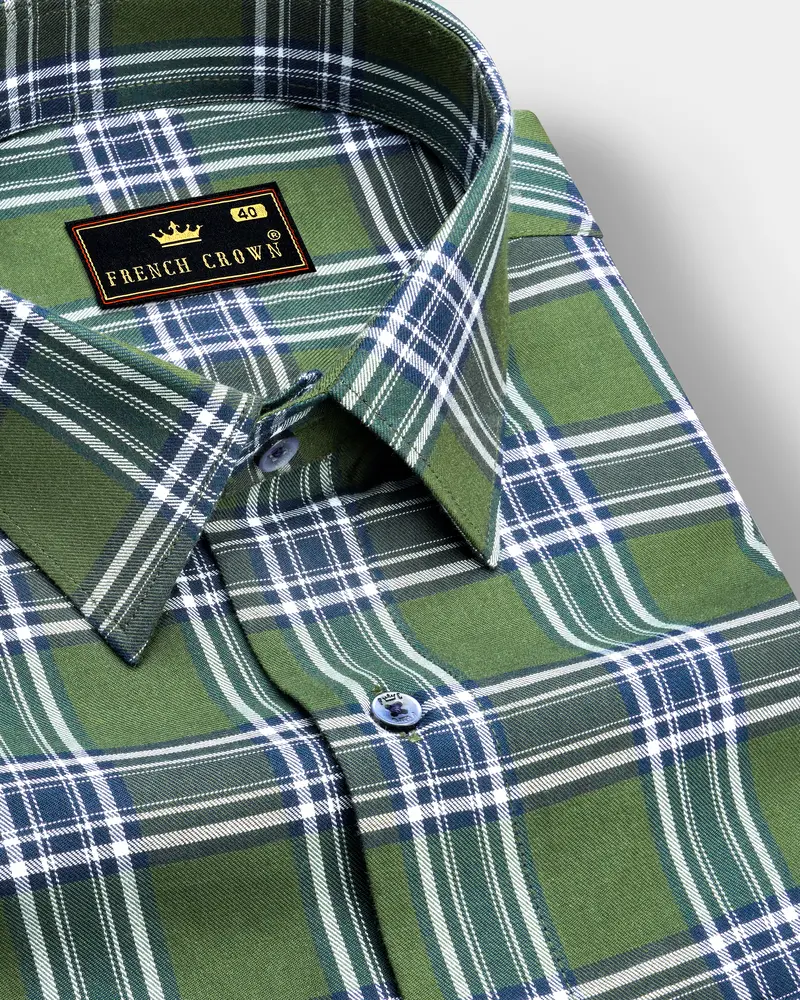 Asparagus Green With Bright White Twill Plaid Premium Cotton Shirt 1