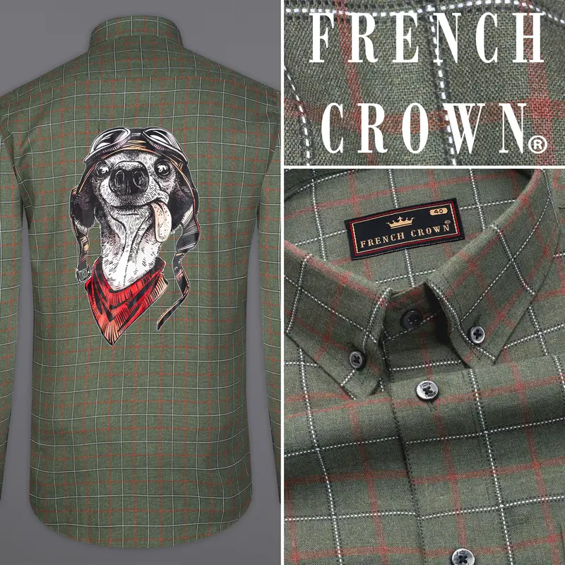 Asparagus Green With Chestnut Brown Checkered With Comical Dog Printed Super Soft Premium Cotton Designer Shirt 1