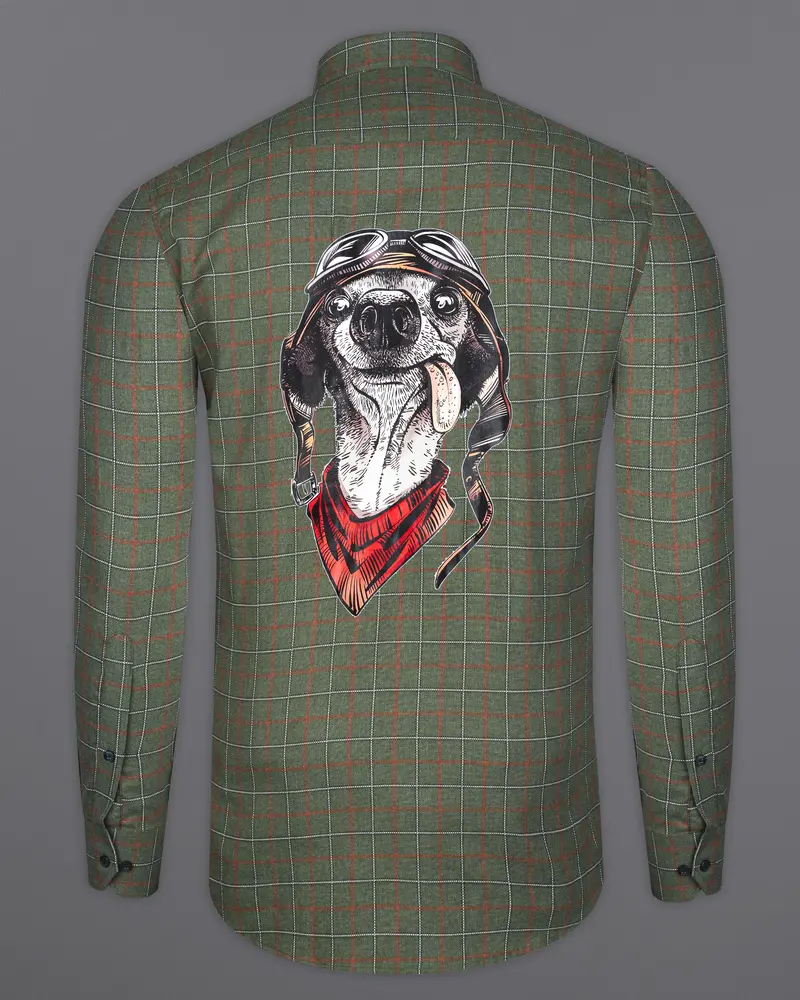 Asparagus Green With Chestnut Brown Checkered With Comical Dog Printed Super Soft Premium Cotton Designer Shirt 2