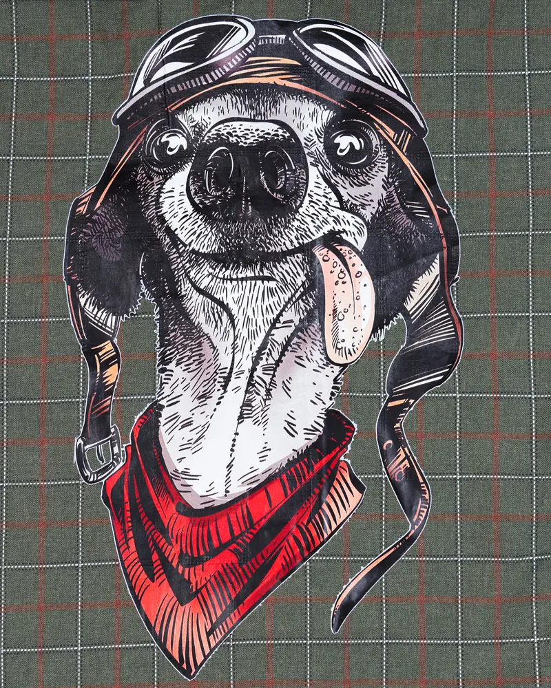 Asparagus Green With Chestnut Brown Checkered With Comical Dog Printed Super Soft Premium Cotton Designer Shirt 3