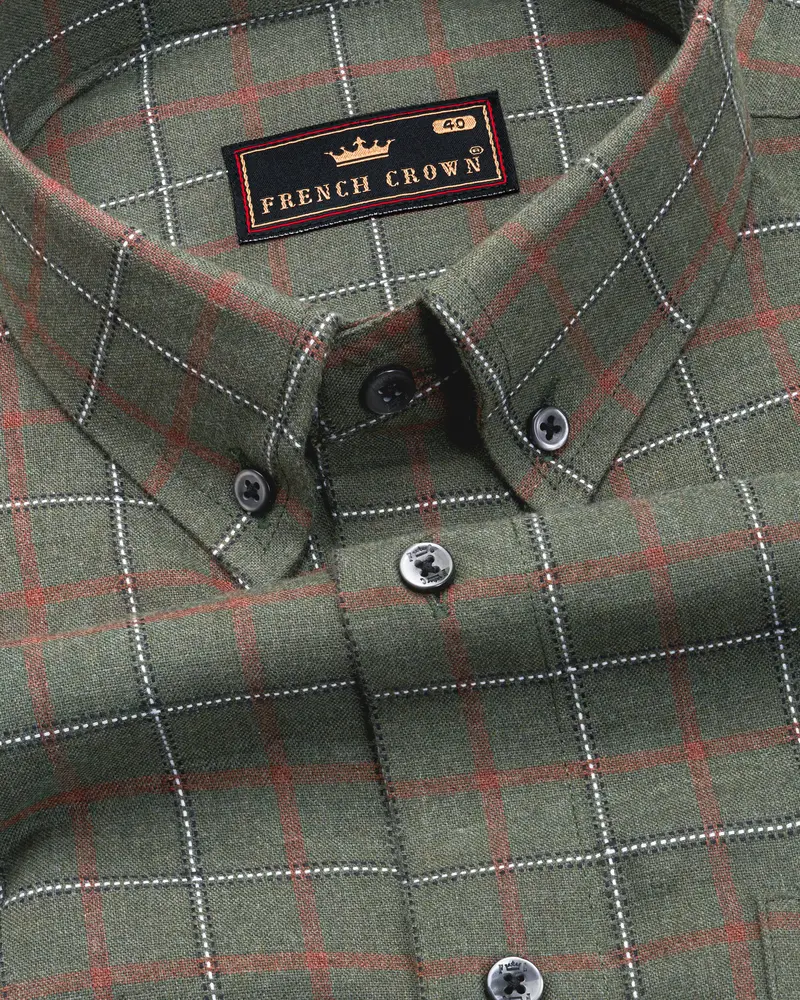 Asparagus Green With Chestnut Brown Checkered With Comical Dog Printed Super Soft Premium Cotton Designer Shirt 5