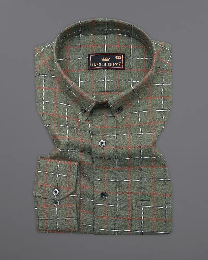 Asparagus Green With Chestnut Brown Checkered With Comical Dog Printed Super Soft Premium Cotton Designer Shirt 6