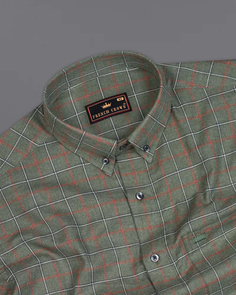 Asparagus Green With Chestnut Brown Checkered With Comical Dog Printed Super Soft Premium Cotton Designer Shirt 7