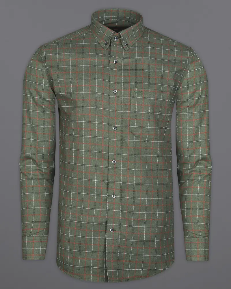 Asparagus Green With Chestnut Brown Checkered With Comical Dog Printed Super Soft Premium Cotton Designer Shirt 8