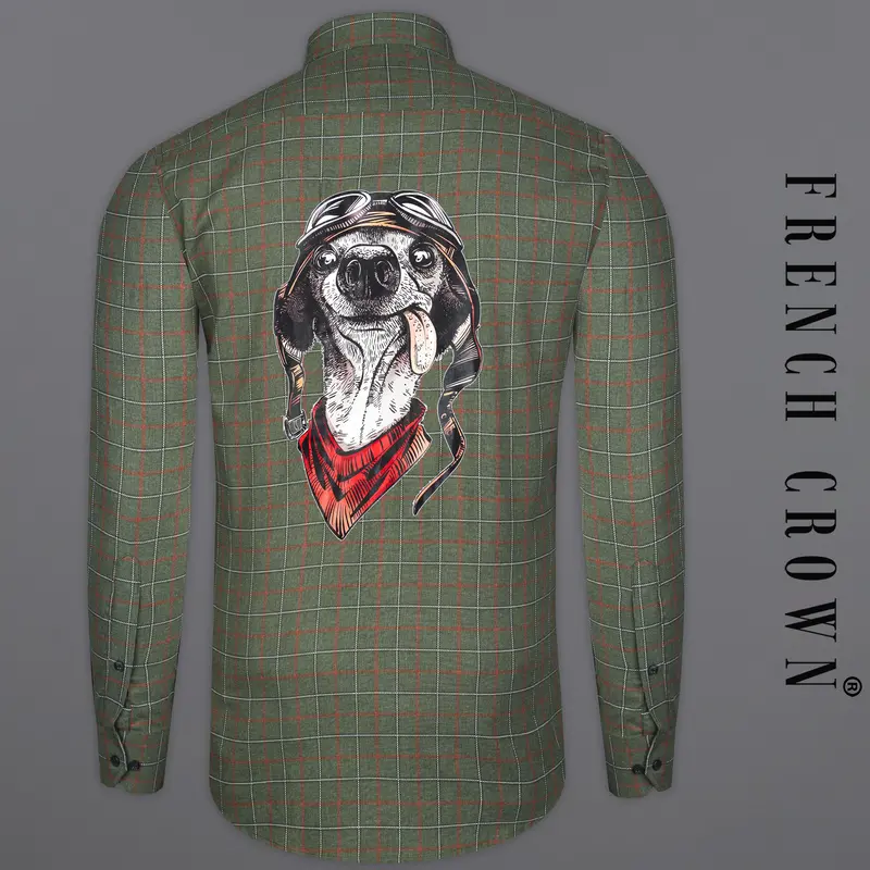 Asparagus Green With Chestnut Brown Checkered With Comical Dog Printed Super Soft Premium Cotton Designer Shirt 9