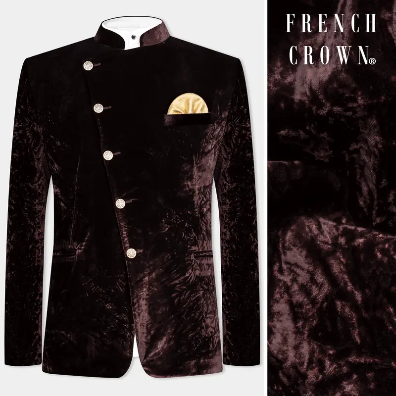 Asphalt Brown Crushed Velvet Cross Placket Bandhgala Blazer 1