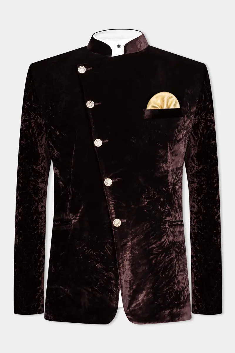 Asphalt Brown Crushed Velvet Cross Placket Bandhgala Blazer 2