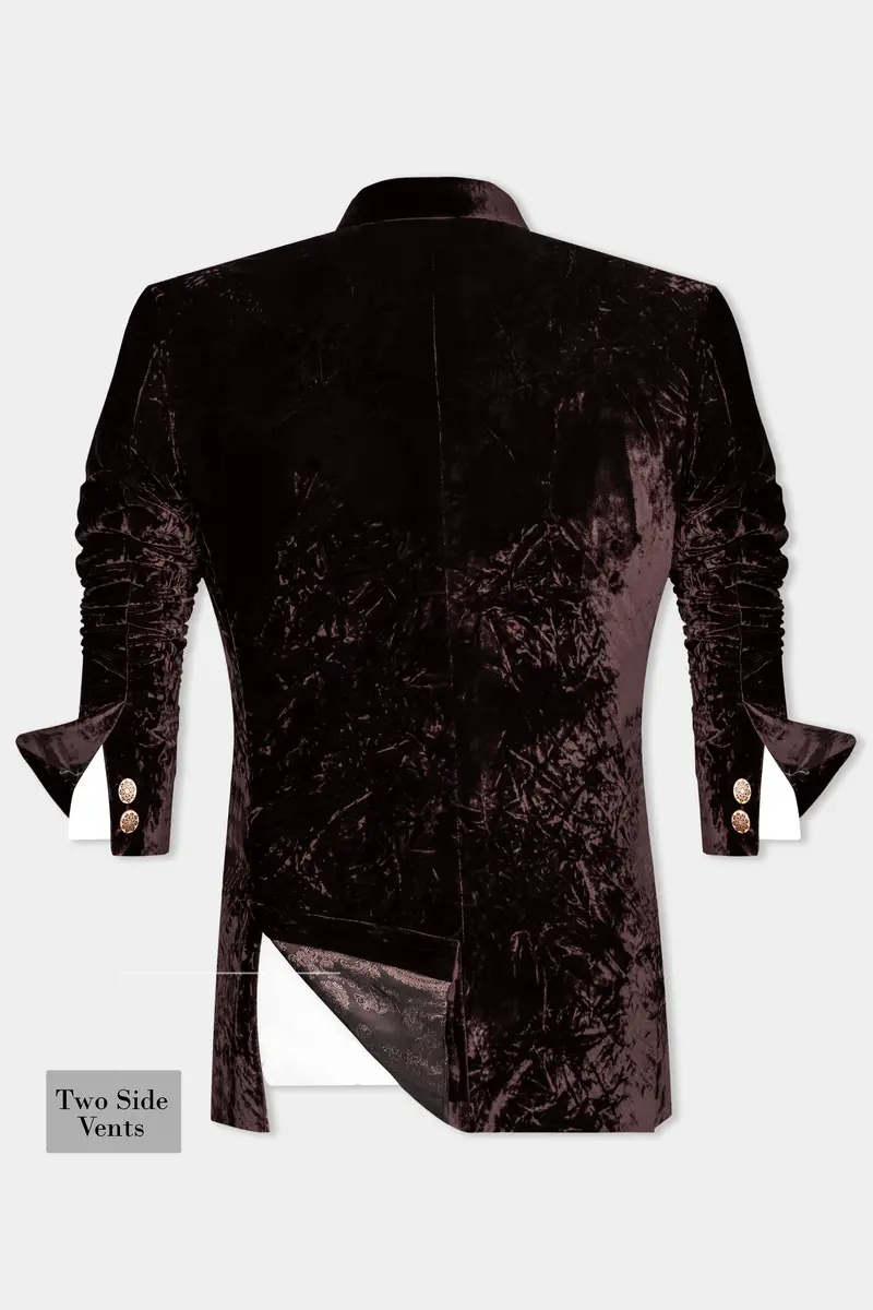Asphalt Brown Crushed Velvet Cross Placket Bandhgala Blazer 8