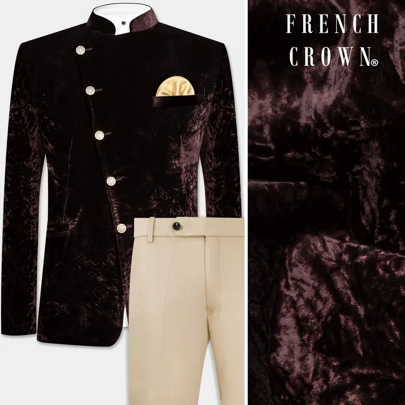 Asphalt Brown Crushed Velvet Cross Placket Bandhgala Suit 1