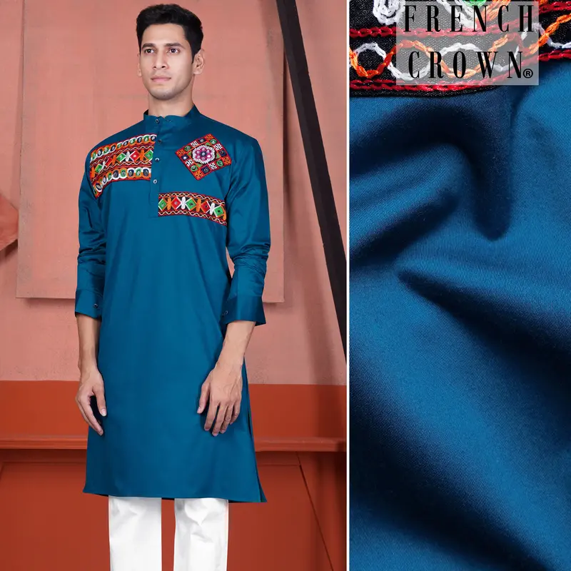 Astronaut Blue Multicolour Kutch Work Patches With Mirror Work Subtle Sheen Super Soft Premium Cotton Designer Kurta 1