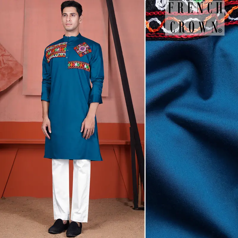 Astronaut Blue Multicolour Kutch Work Patches With Mirror Work Subtle Sheen Super Soft Premium Cotton Designer Kurta Set 1