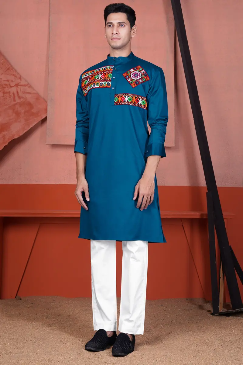 Astronaut Blue Multicolour Kutch Work Patches With Mirror Work Subtle Sheen Super Soft Premium Cotton Designer Kurta Set 2