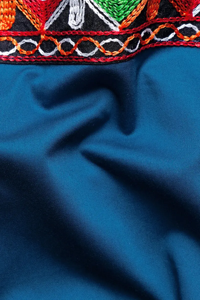 Astronaut Blue Multicolour Kutch Work Patches With Mirror Work Subtle Sheen Super Soft Premium Cotton Designer Kurta Set 3