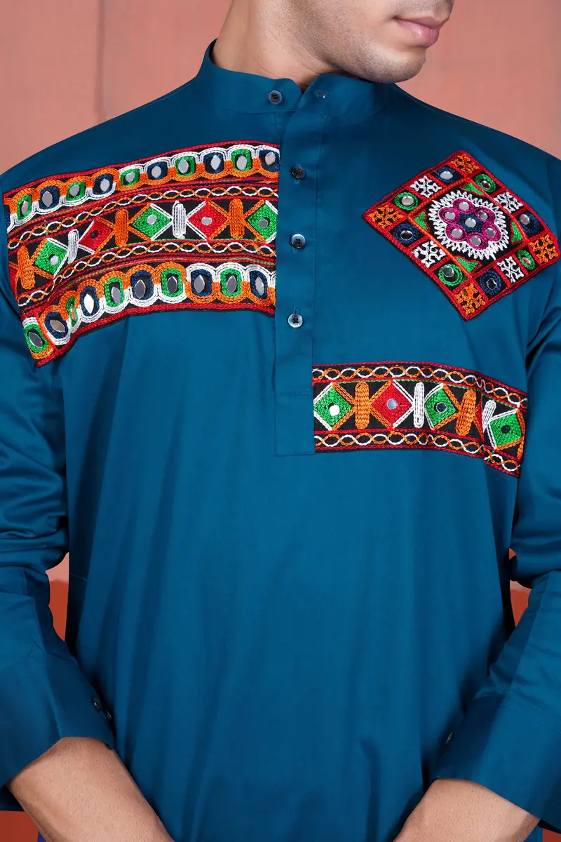 Astronaut Blue Multicolour Kutch Work Patches With Mirror Work Subtle Sheen Super Soft Premium Cotton Designer Kurta Set 4