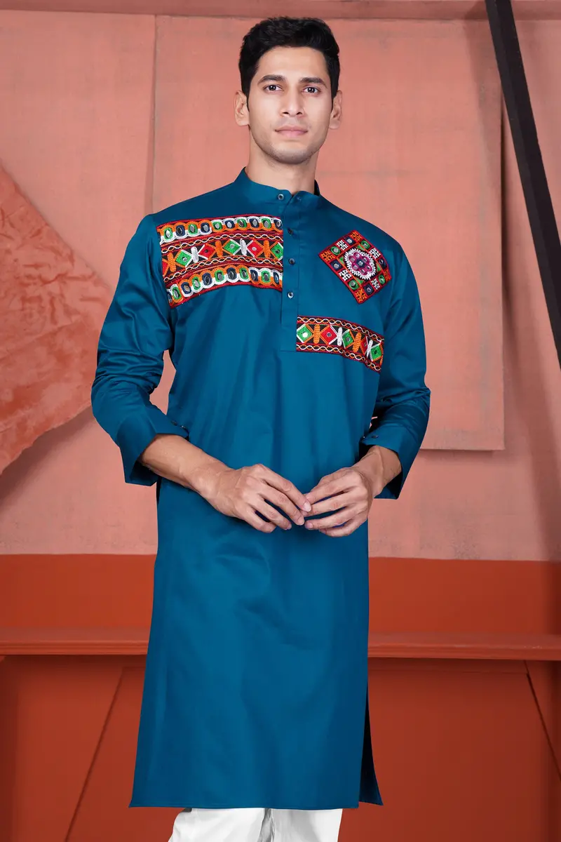 Astronaut Blue Multicolour Kutch Work Patches With Mirror Work Subtle Sheen Super Soft Premium Cotton Designer Kurta Set 5