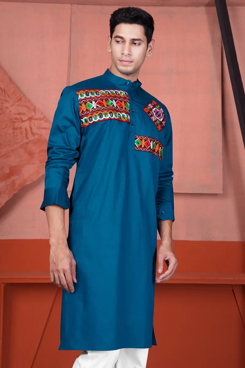 Astronaut Blue Multicolour Kutch Work Patches With Mirror Work Subtle Sheen Super Soft Premium Cotton Designer Kurta Set 6