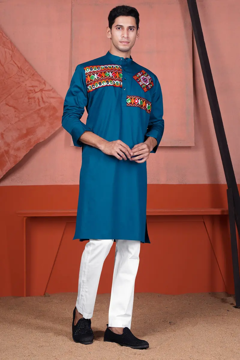 Astronaut Blue Multicolour Kutch Work Patches With Mirror Work Subtle Sheen Super Soft Premium Cotton Designer Kurta Set 7