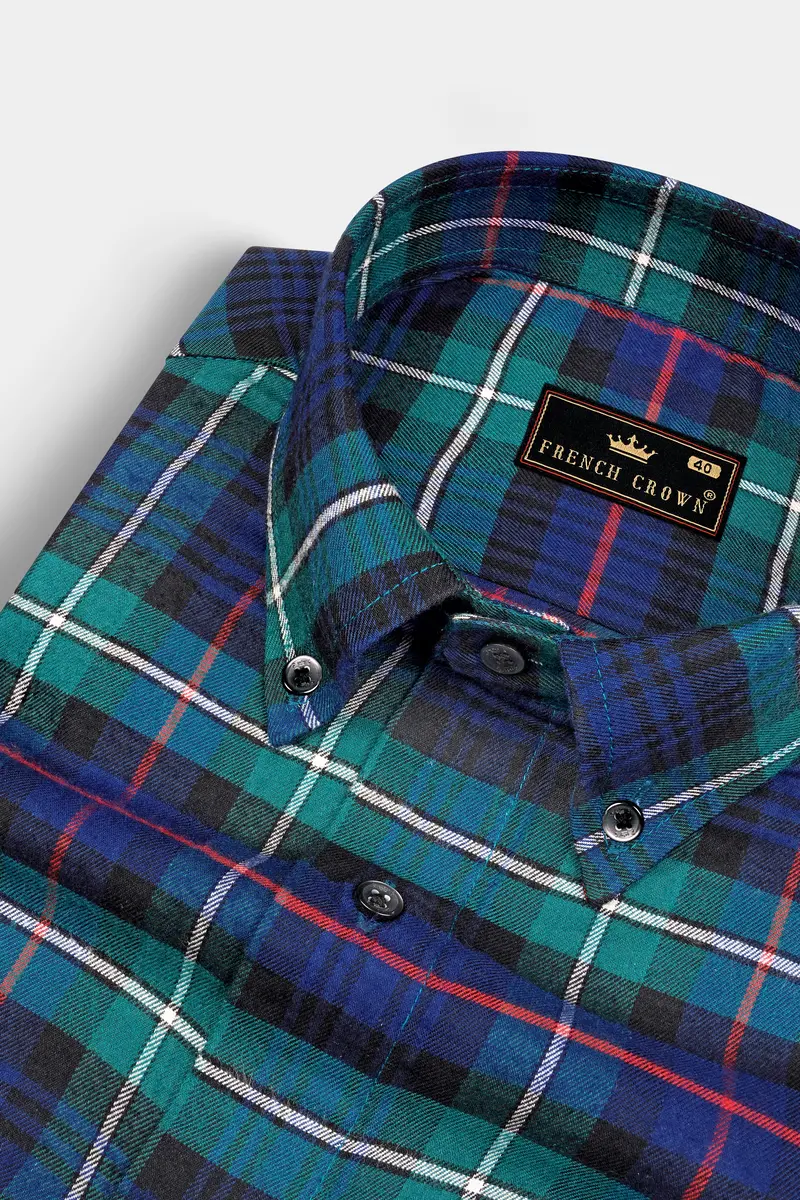 Astronaut Blue With Dark Aqua Green Twill Plaid Premium Cotton Shirt 1