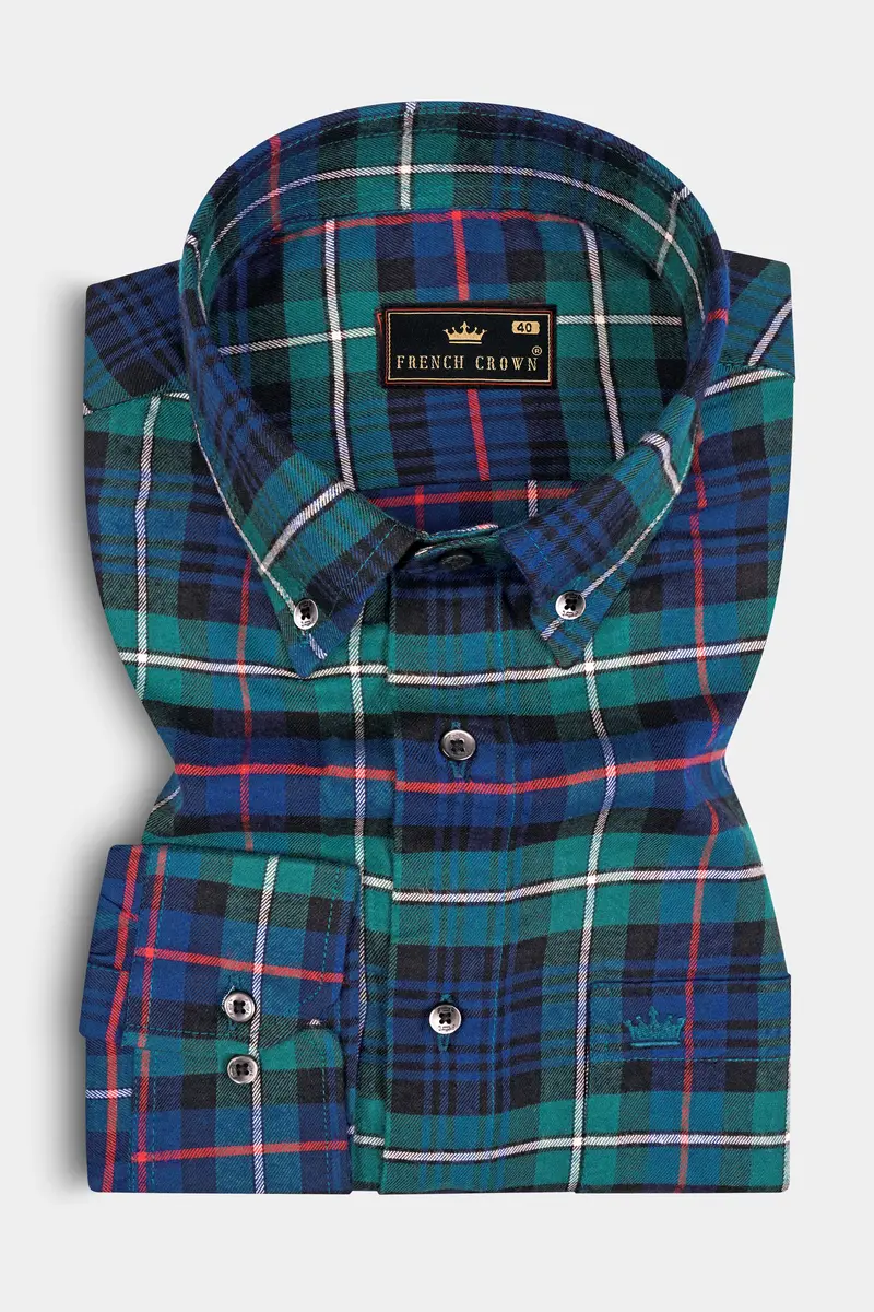 Astronaut Blue With Dark Aqua Green Twill Plaid Premium Cotton Shirt 3
