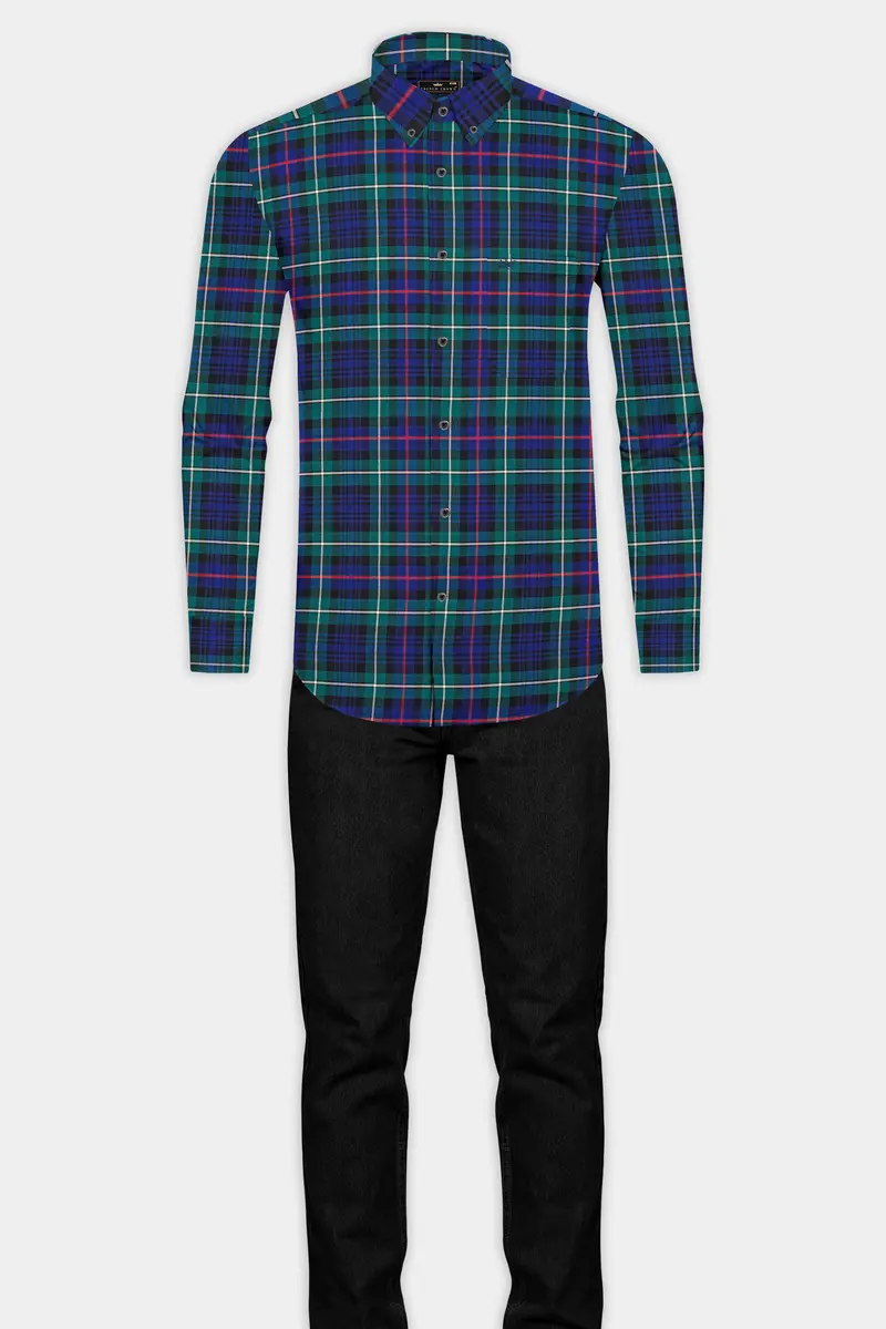 Astronaut Blue With Dark Aqua Green Twill Plaid Premium Cotton Shirt 5
