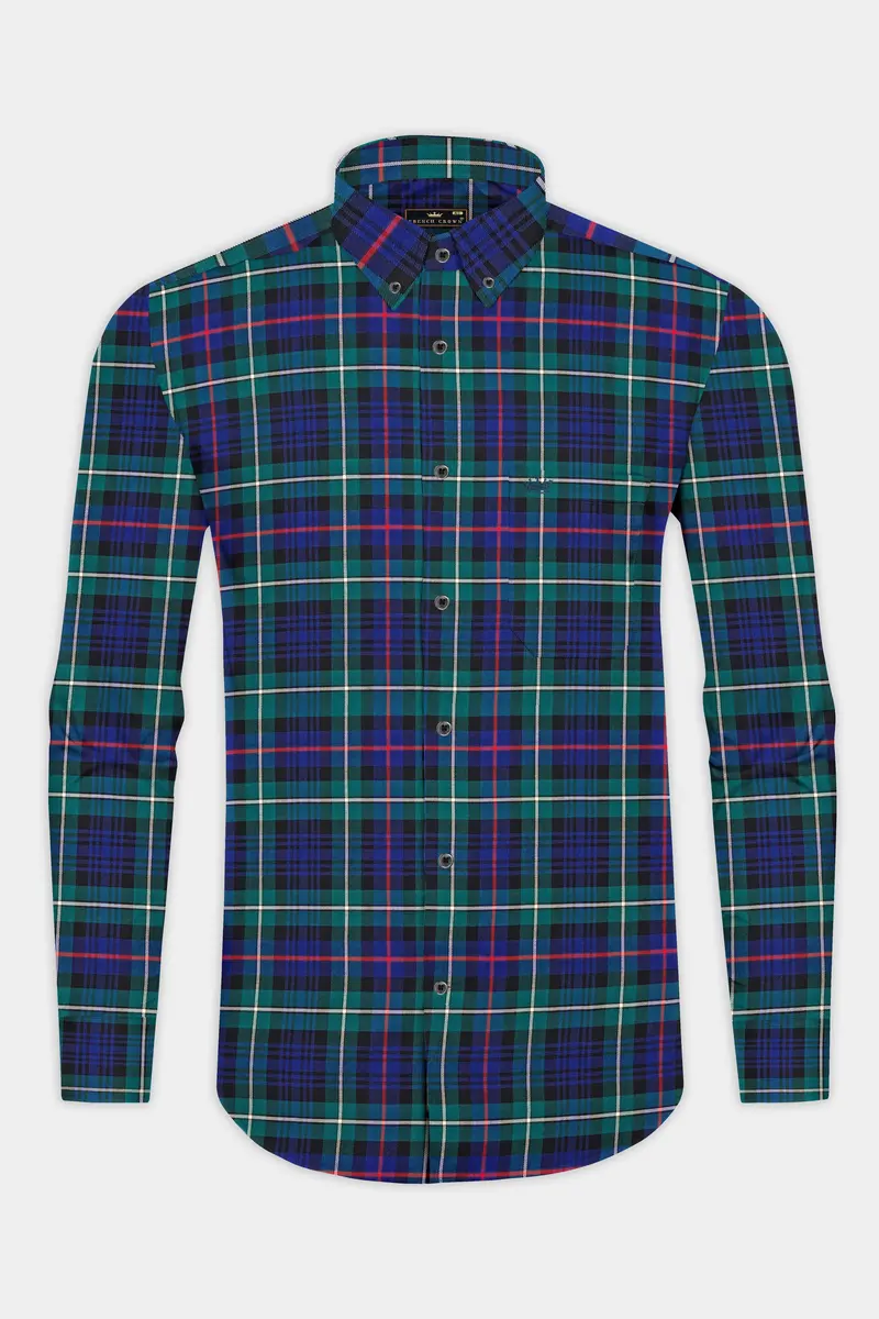 Astronaut Blue With Dark Aqua Green Twill Plaid Premium Cotton Shirt 6