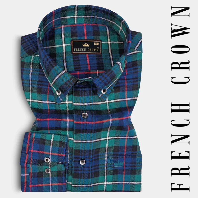 Astronaut Blue With Dark Aqua Green Twill Plaid Premium Cotton Shirt 7