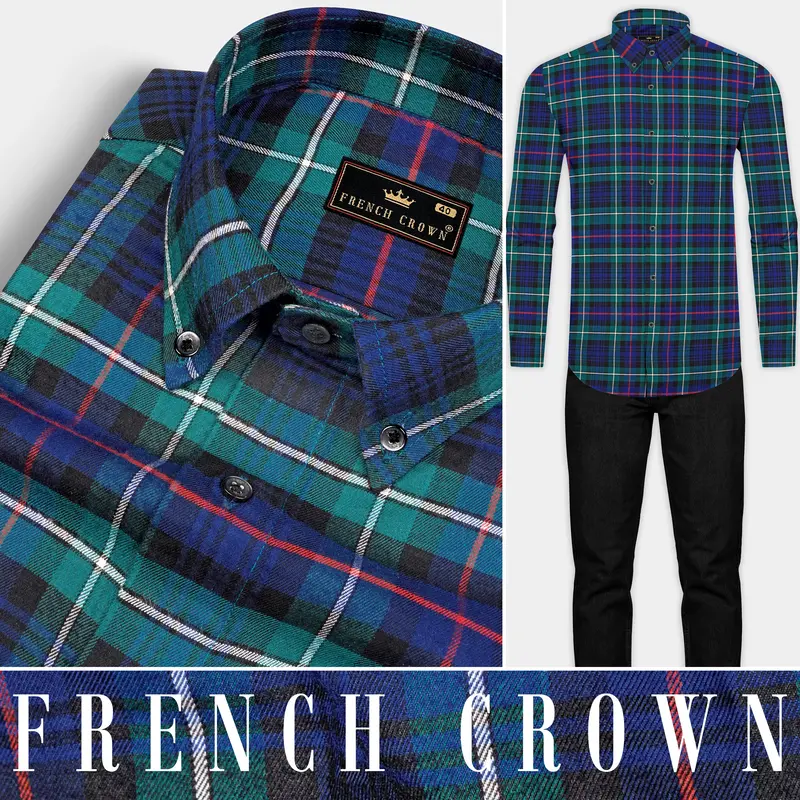 Astronaut Blue With Dark Aqua Green Twill Plaid Premium Cotton Shirt 9