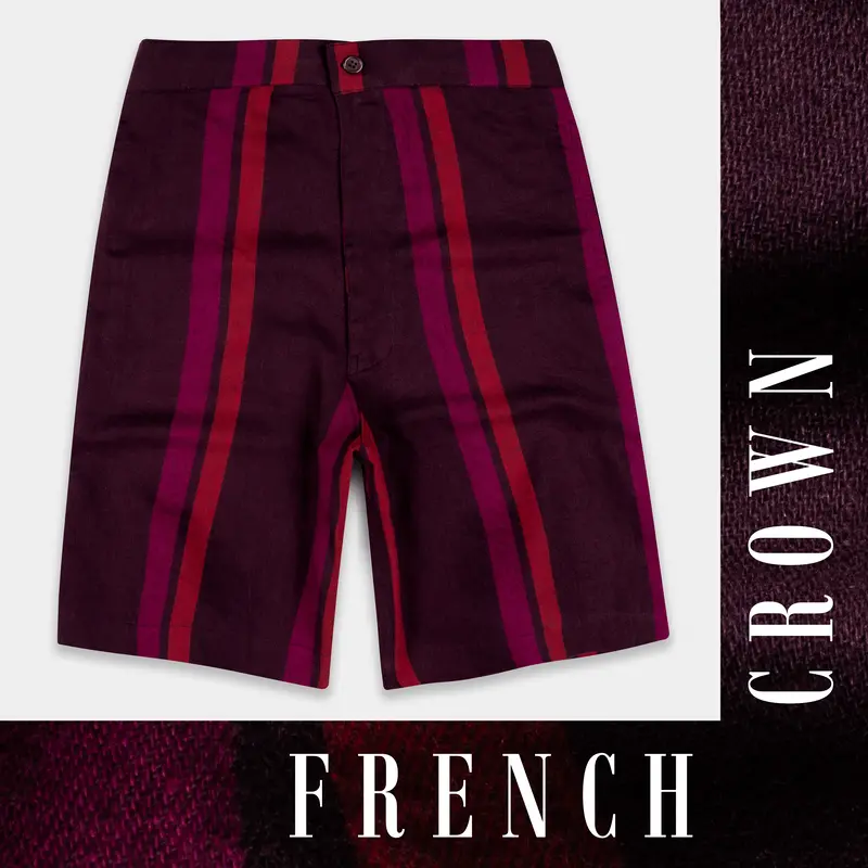 Aubergine Maroon And Paprika Red Striped Twill Premium Cotton Shorts 1