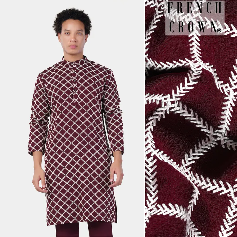 Aubergine Maroon And White Geometric Pattern Thread Embroidered Subtle Sheen Viscose Designer Kurta 1