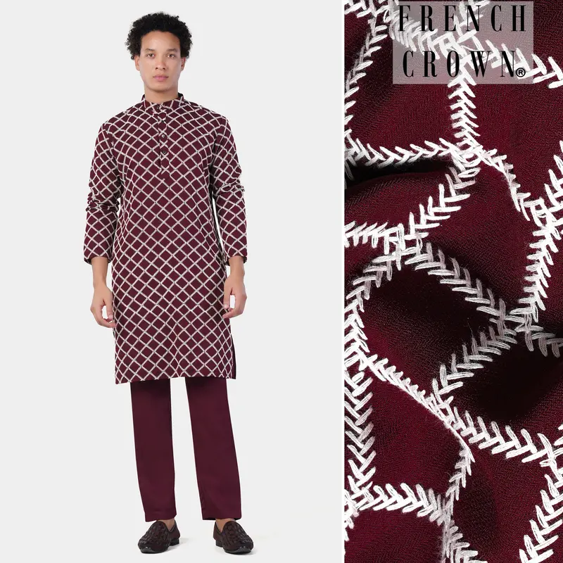 Aubergine Maroon And White Geometric Pattern Thread Embroidered Subtle Sheen Viscose Designer Kurta Set 1