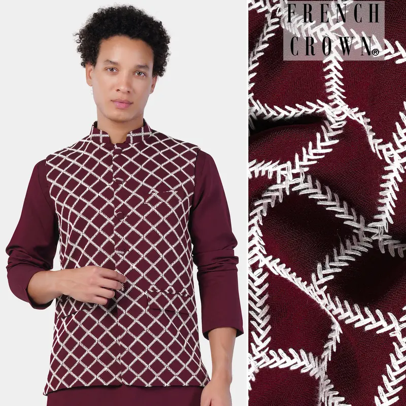 Aubergine Maroon Geometric Pattern Thread Embroidered Designer Viscose Nehru Jacket 1