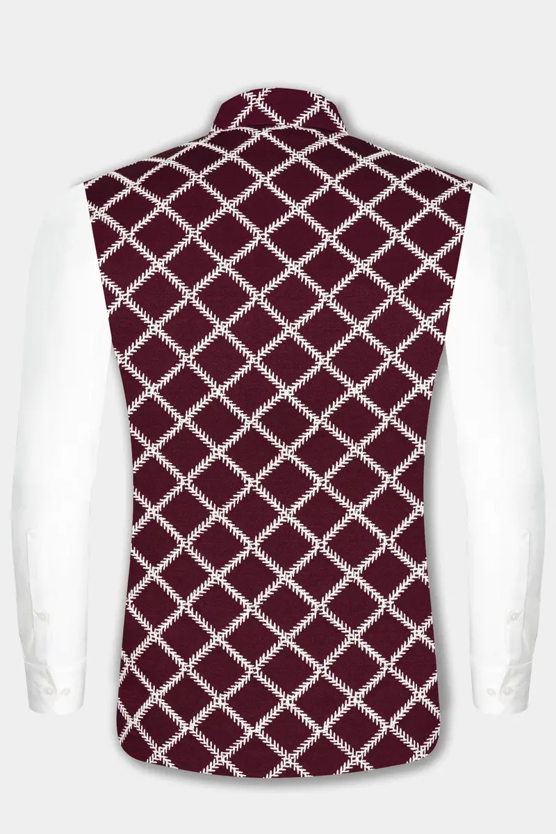 Aubergine Maroon Geometric Pattern Thread Embroidered Designer Viscose Nehru Jacket 10