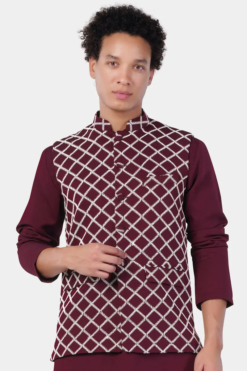 Aubergine Maroon Geometric Pattern Thread Embroidered Designer Viscose Nehru Jacket 2